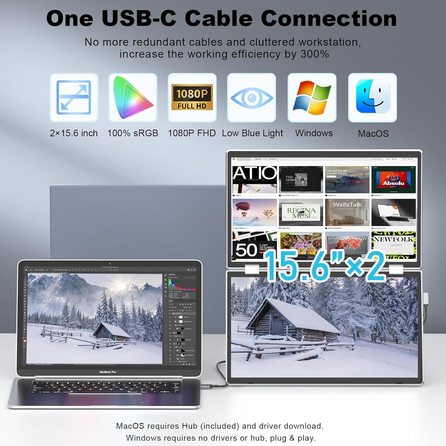 V2COM 15.6" Folding Portable Monitor for Laptop - M2